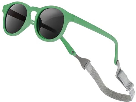 AEUNIV Occhiali da sole per bambini con cinghia, Retrò Telaio Rotondo Flessibile Polarizzato UV400 per Neonati Neonati Ragazze Ragazzi Età 0-24 Mesi, Verde cactus, Neonato