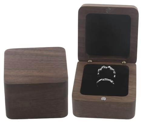 ZoeWei Wooden Ring Box, Solid Walnut, Handmade Ring Box with 2 Slots, Square Engagement Ring Box for Marriage Proposal, Engagement, Wedding and Daily Storage