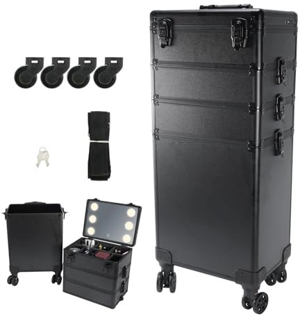 LEADZM Valise de Maquillage Professionnelle 4-en-1 avec Lumières LED, Prise USB, Mallette Cosmétique en Aluminium Verrouillable, roulettes 360°, pour Voyage, Maquillage, Manucure et Coiffure