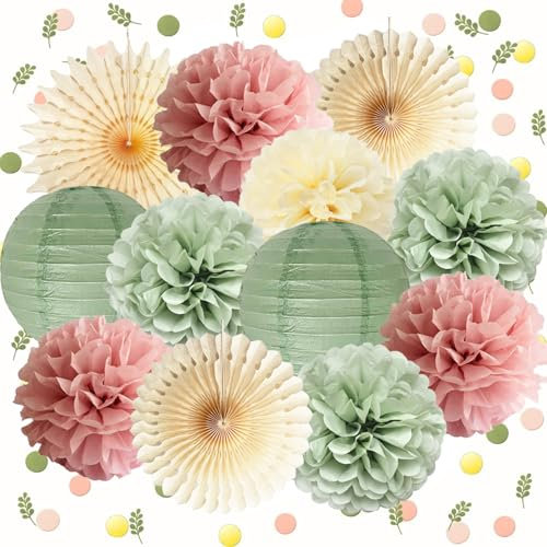 Staubige Rosa und Salbei Grün Party Dekorationen Blush Rosa Tissue Papier Pom Poms Creme Papierfächer Konfettipunkte Scatter Tischdekoration für Frauen Mädchen Geburtstag Hochzeit Verlobung Deko
