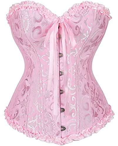 LYSINK Women's Corset Tops,Sexy Lace Lace Up Boned Overbust Floral Waist Bustier Bodyshaper Lingerie Waist Push Up Bodysuit (Bb Pink, M)