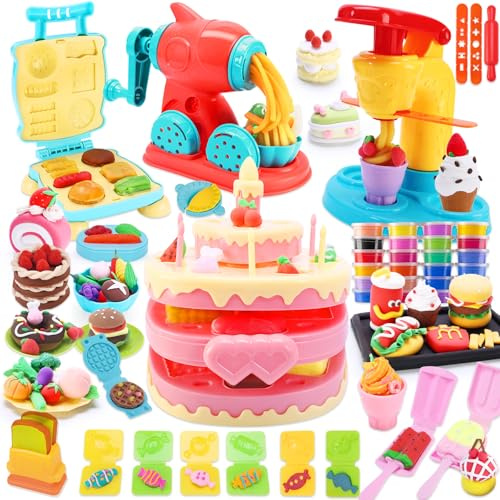 VBACALA Set de Plastilina 4 en 1 para Niños - 73 Piezas con Máquina de Helados, Hamburguesas, Pasta y Pasteles + 24 Latas de Plastilina - Juguete Educativo de Cocina Creativa para Niños 3+ Años