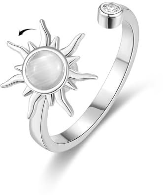 Fidget Rings for Anxiety Women Men - Anxiety Ring Relief Stress Open Size with Sun Charm for Teens Girls | Calms Reliever Spinner Stress Relief Gifts for Daughter Friends Birthday Christmas, Silver