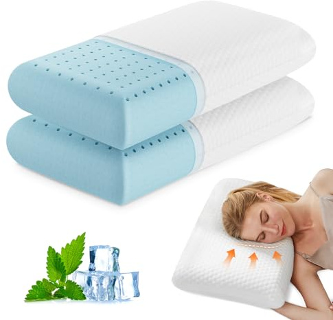 DUMOS Memory Foam Pillows for Sleeping 2 Pack, Bed Pillows for Adults with Washable Cover and Breathable Mesh, Gel Cooling Pillow for Back and Side Sleeper Support, White
