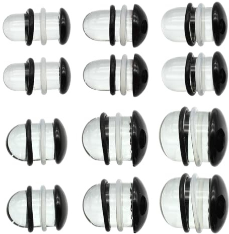 Veloxium 6 par svarta och klara säkra glaspluggar för döda stretchkit, släta glasmätare enkla utsvängda örontunnlar med O-ringar i silikon, bekvämt öronmätarkit, 14G 12G 10G 8G 6G