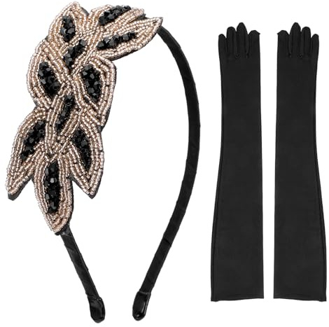 Sibba 1920-tals pannband för damset, 1920-tals flapper pannband damer långa handskar med satin armbågslängd, kristall brud, bröllop, svart huvudbonad för flickor, kostym, avslutningsbal fest