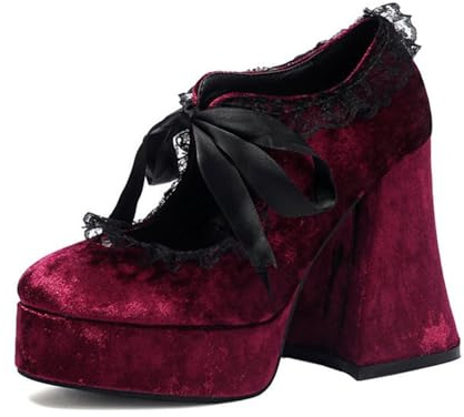 Women's Velvet Platform Goth Mary Jane Pumps Chunky Ultra High Heels Round Toe Lace Bowknot Dress Punk Shoes for Party (5,Red)