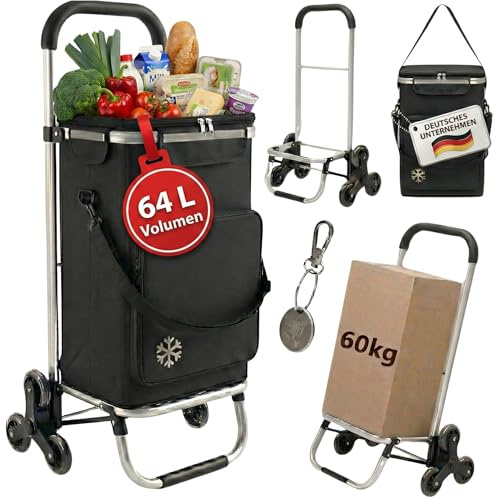 EdelFaktum Einkaufstrolley Treppensteiger 64L groß, Einkaufstasche mit Dreirad klappbar, Einkaufswagen bis 60kg, Trolley mit Kühlfach, Einkaufsroller mit Reflektor, Handwagen schwarz