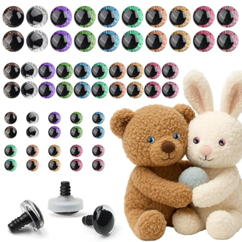 Molirex 60 stycken 12 mm/16 mm/20 mm, säkerhetsögon för virkade djur, glitter plast, säkerhetsögon, virkade ögonknappögon med brickor för gosiga leksaker, gör-det-själv-hantverk (10 färger)