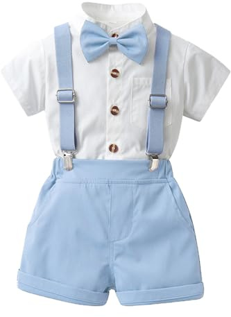 Bebé Niño Caballero Conjunto, Camisa de Manga Corta con Pajarita + Corta Pantalón Verano 4 Piezas Traje Ropa para Bautizo, Boda