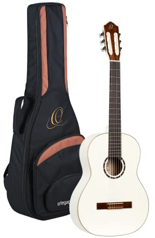 Ortega Guitars 4/4 Konzert Gitarre – Family Series – Inklusive Gig Bag – Fichte, Mahagoni, Weiß (R121WH)