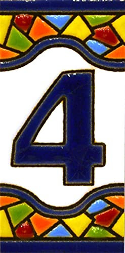 Numéro maison. Écriteaux avec numéros et lettres. Carreaux de céramique polychromée, peints à la main dans technique corde sèche (cuerda seca) pour plaques avec numéros, noms, directions et signalisation. Un texte personnalisable. Dessin MOSAICO MINI 7,3 cm x 3,5 cm. (NUMÉRO QUATRE 4)