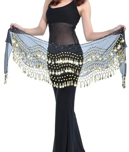 WAYDA Hip Scarf for Belly Dancing, Women's Belly Dance Scarf with 128 Gold Coins Skirts for Bellydance, Zumba or Yoga Class