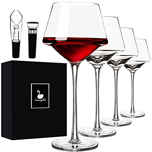 Swanfort Juego de 4 copas de vino tinto con accesorios de vino, vidrio soplado a mano, copas de vino burdeos sin plomo, vasos de vino de tazón grande en caja de regalo, 15 onzas
