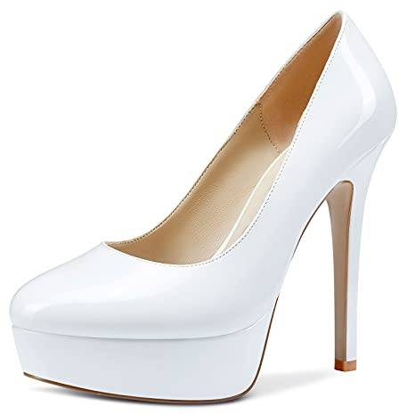 NobleOnly Femme Mode Plateforme Doublure en Cuir Escarpins Aiguille Talons 13CM High Heels Blanc Vernis Chaussures EU43