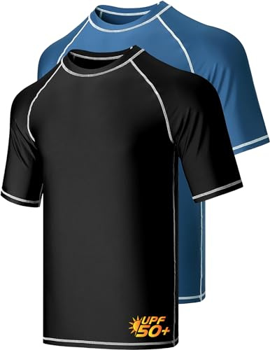2-Pack Swim Shirts for Men UPF 50+ Loose Fit Rash Guard, Quick Dry UV Sun Protection Short Sleeve Shirt (Set C, Large) Black/Navy