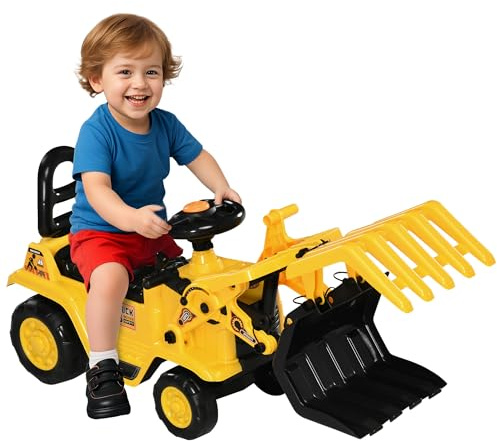 HOMCOM Escavatore per Bambini 2-4 Anni Manuale con Pinza, Pulsante per Suoni e Spazio Portaoggetti Nascosto, in PP e ABS, 83x27x39 cm, Giallo e Nero