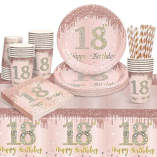 Vaisselle jetable pour anniversaire fille, 69 pièces, set et assiettes en papier, gobelets, serviettes, pailles, nappe d'anniversaire, ensemble de vaisselle pour fêtes, décoration 18e anniversaire