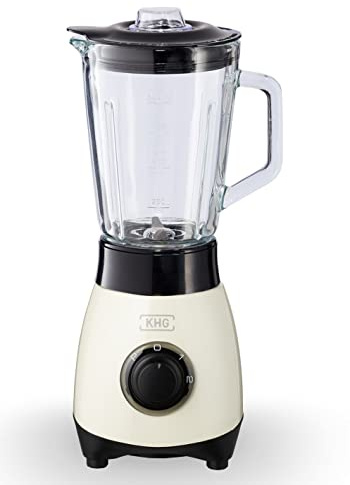 KHG Mini Standmixer 250 Watt mit 0,8 Liter Glasbehälter, Creme, 4-fache 3D Edelstahlklingen, 2 Geschwindigkeitsstufen und Impulsfunktion, geeignet zum Mixen, Pürieren, Eiscrushen