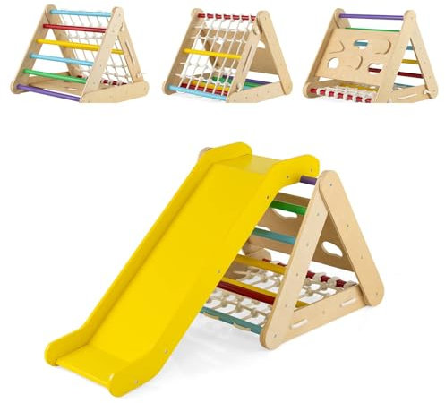 Maxmass 4-in-1 Kids Climbing Frame, Wooden Toddler Triangle Climber with Slide Ramp, Climbing Net Rope & Board, Indoor Outdoor Children Montessori Climber Toys Playset for 1 Years Old+ (Colorful)