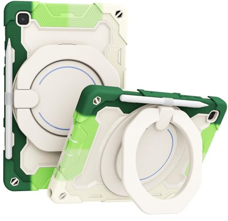 JZ Handheld Rotating Ring Bracket Armour Silicone Ständer Fall für Samsung Galaxy Tab A7 10.4 inch (2022/2020) T509/T503/T500/T505/T507 Tablet - [Schultergurt][Winkeleinstellung] - Colorful Green