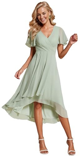 Ever-Pretty Hochzeitsgastkleid V Ausschnitt Gerüschte Ärmelränder Damen Elegante Empire Taille Brautjungfer Kleider Chic Minzgrün 42