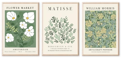 JINZUNRUI Matisse Poster 3er Set, 50x70cm Stilvolle Grün Matisse Poster Flower Market Bilder Aesthetic, Abstrakt Kunstdruck Leinwandbild Wohnzimmer Schlafzimmer Wandbilder Deko, Ohne Rahmen