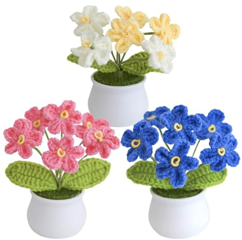 JOONOR 3 Pcs Crochet Patted Flowers, Knitting Crochet Forget Me Not Potted Plants, Gradient Forget Me Not Flowers for Home Office Car Dashboard Decor