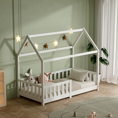 ecomi® Kinderbett 80x160 Bodenbett Kinder Bett Hausbett mit Rausfallschutz und Lattenrost für Kinder Kinderbetten für Mädchen und Jungen Massivholz Kiefer in Weiß