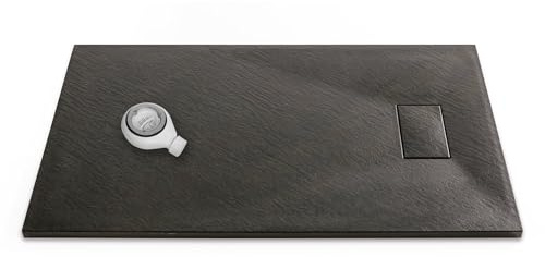 Thermopanel SMC Black Shower Trays Base Slate Stone Effect Textured Non Slip with Waste and Solid Cover - 1600 x 900mm