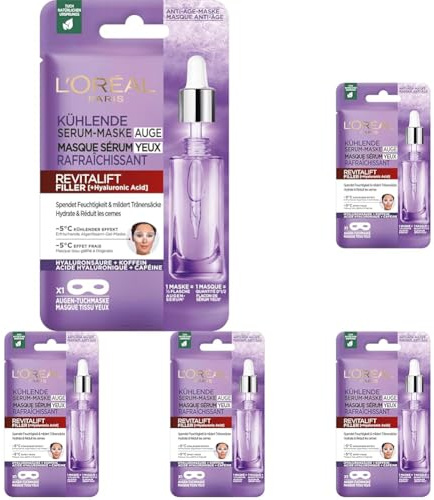 L'Oréal Paris - Masque Tissu Sérum Yeux - Soin Hydratant Anti-Rides & Anti-Cernes pour Contour des Yeux - À l'Acide Hyaluronique Pur et à la Caféine - Revitalift Filler - 11 g (Lot de 5)