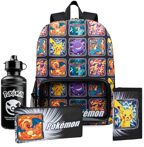 Pokémon Sacs à Dos pour Enfant Set 4 Pc Bouteille d'eau Sac a Dos Trousse Sac à Lunch Isotherme ou Portefeuille Anime Fournitures Scolaires (Multi Ensemble de 4 Pièces)