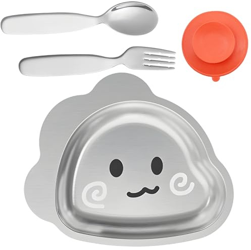 DGMI Piatto con Ventosa, Piatti Acciaio Inox Bambini, Piatti in Acciaio Inossidabile da Cucina Con Cucchiaio e Forchetta, 304 per Bambini con Ventosa in Silicone
