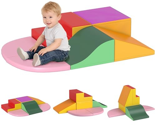 HOMCOM Set da Gioco per Bambini 1-3 Anni da 6 Costruzioni, Gioco per Bambini con Blocchi Morbide in PU ed EPE, Rosa, Arancione, Rosso, Viola