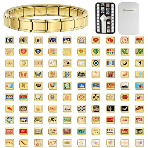 Bracelet italien personnalisé doré - Lien modulaire en acier inoxydable 17,1 cm, 10 breloques, cadeau de bricolage