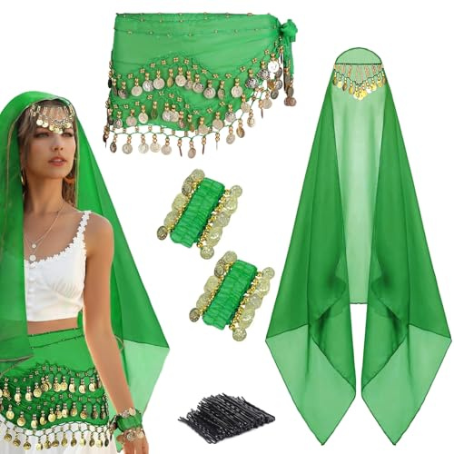 4 Pcs Belly Dance Outfit Sets, Belly Dance Chiffon Hip Scarf with Coins, Gypsy Head Scarf with Coins, 2 Coin Wrist Bracelet, 50 Pcs Bobby Pins, for Women Girls Birthday Rave Costume Accessory