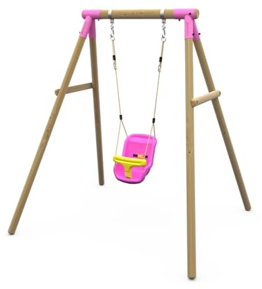 Plum Play Kids Outdoor Wooden Round Pole Garden Swing Set with Ground Anchors - Safe Sturdy A Frame - Suitable for up to 50kg per accessory - Up to 5 year Warranty (Single Pink Baby Seat)