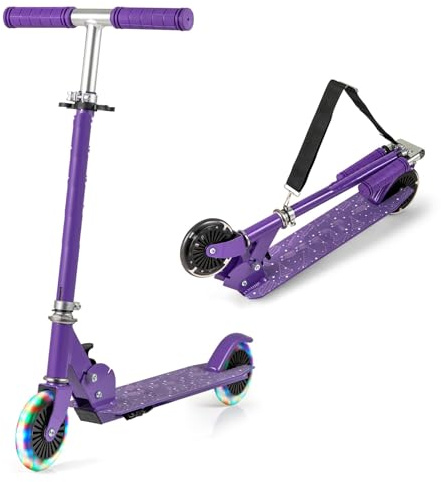 COSTWAY Foldable Kids Scooter, 2-Wheel Kick Scooter with Light Up Wheels, Adjustable Handlebar and Rear Brake, for Boys Girls Ages 3+ (with Carry Strap, Purple)