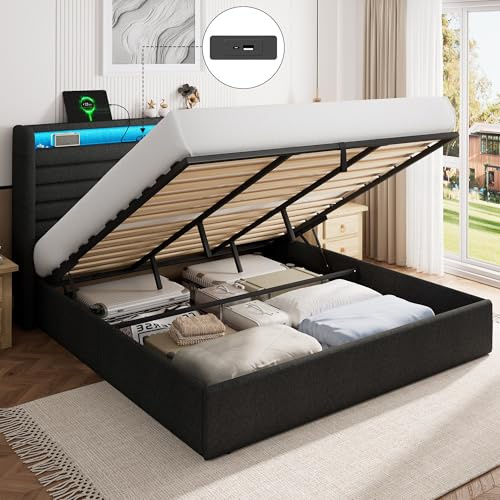 FEONASE Bett 180x200 mit Stauraum, Polsterbett 180x200 cm mit LED-Beleuchtung & Ladestation, Bettgestell mit Hydraulischem und Kopfteil Stauraum, Lattenrost, Ohne Matratze, Dunkelgrau