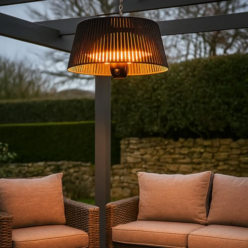 JSH Lunara Electric Outdoor Hanging Garden Patio Heater | Remote Control Halogen Decking Lamp | Radiant Ceiling Mounted Heat | Powerful 1500w | Stylish Modern Lampshade Design | 1.5KW Black