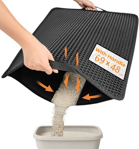 Conlun Alfombrilla para Arenero, 69x48 cm Upgrade con Capa Trasera Super Impermeable, Alfombrilla de Caja de Arena, Antideslizante, Duradera, Suave para las Patas, Alfombrilla de Atrapamiento Negra