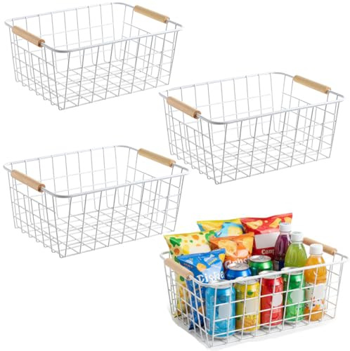 HDYOUDO White Metal Wire Food Storage Basket with Wooden Handles for Organizing Snack Basket,Pantry Organizers and Storage for Kitchen Cabinets 4 Pack (Medium)