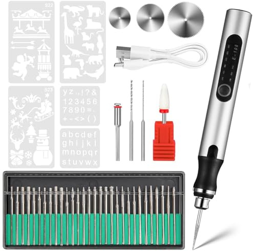 Cordless Engraving Pen, 3-Speed Electric Engraving Tool Kit, Engrave 50+ Surfaces, with 30 Small Drill bits, 7 Grinding Accessories and 5 Engraving Templates, USB Charging for Wood Resin Stone Jewelry