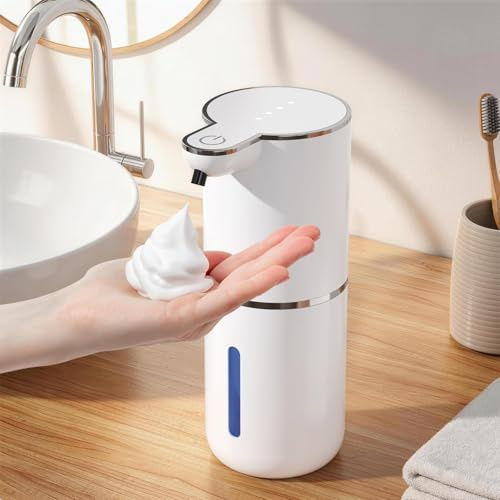 Dispenser di sapone automatico per schiuma, senza contatto, con sensore, 380 ml, montaggio a parete, ricaricabile tramite USB, IPX5, regolabile in 4 livelli, per bagno e cucina, bianco