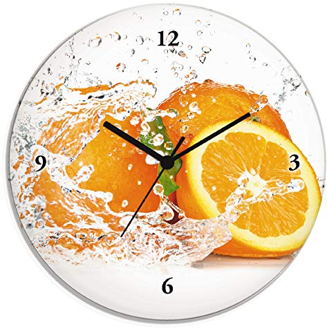 ARTLAND Wanddeko Wanduhr ohne Tickgeräusche Glas Quarzuhr Ø 30 cm Rund Lautlos Obst Früchte Orange im Wasser Frucht Modern Food T5UI