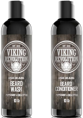 Viking Revolution Beard Shampoo and Conditioner Set - Top-tier Beard Care Kit with Argan & Jojoba Oils for Healthy Beard Growth, No Itching or Irritation, Rich Lather, Eucalyptus Scent (10 oz)