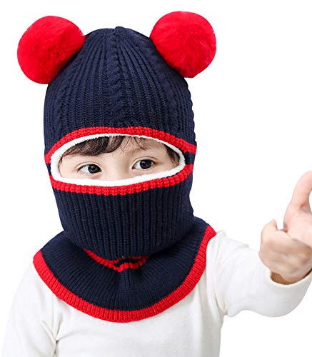 AIDIER Barn vintermössor halsduk öronlapp mask mössa plysch skalle mössa för pojkar flickor, 1-5 år, Björn – marin, one size