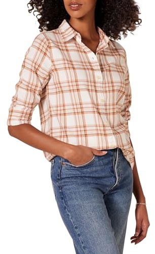 Amazon Essentials Women's Regular-Fit Long-Sleeve Lightweight Plaid Flannel Shirt, Ecru Pale Pink Alpine Plaid, XL