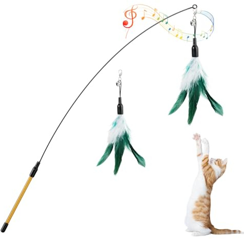 Pawaboo Feather Teaser Cat Toy - Interactive Wand With Extra Long 34.5 Handle and Small Bell - Fun Exerciser for Kitten or Cat, White & Green