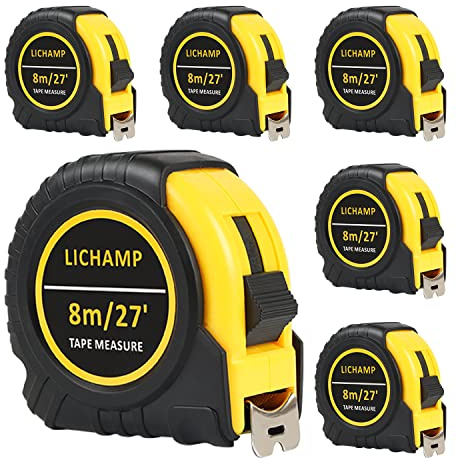Lichamp 27FT/8M SAE and Metric Tape Measure 6 Pack, Retractable and Easy Read Measuring Tape Bulk Set, Min 1/8 inch Fraction and 1mm Scale